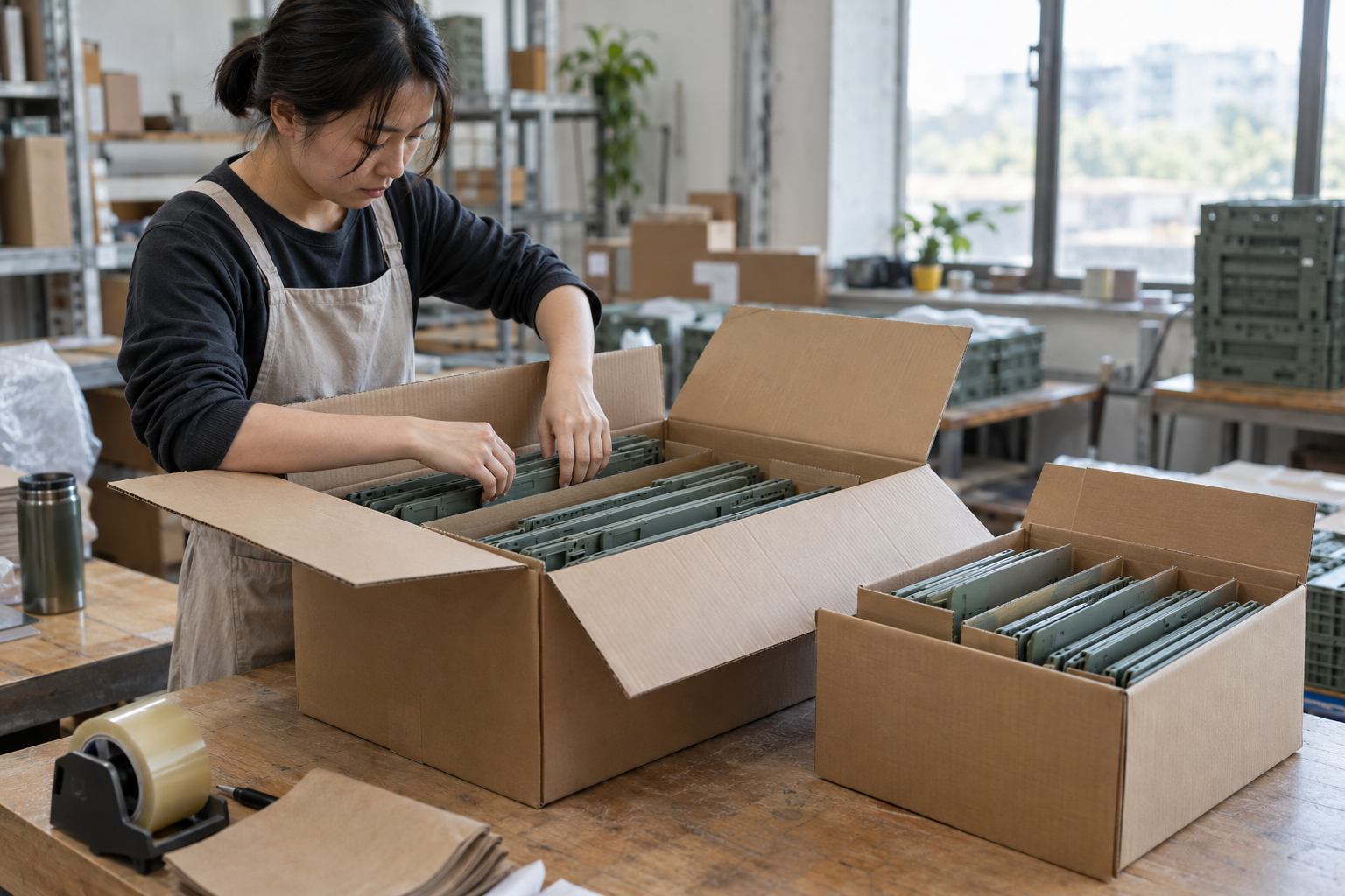 Asian worker comparing two carton layouts for folded storage crates