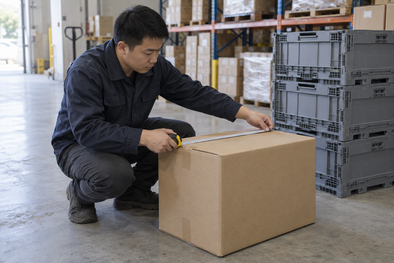 Asian technician measuring a shipping carton beside folded storage crates