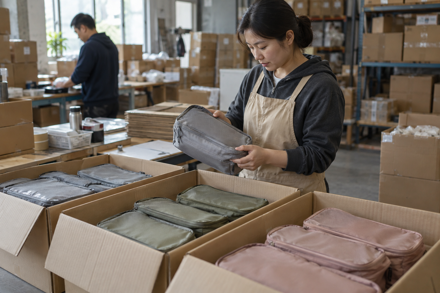 Asian worker checking color-separated packing cubes in open cartons