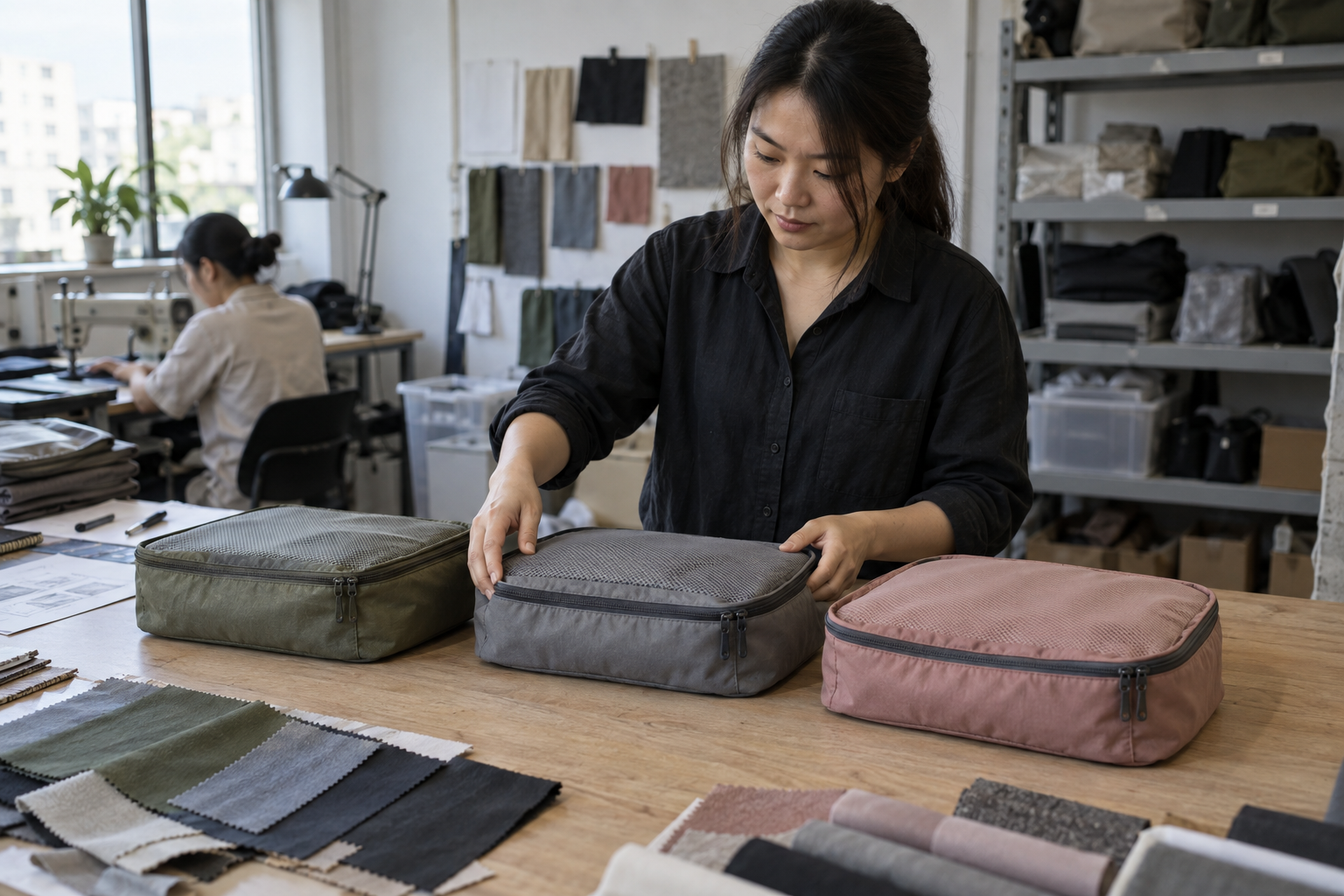 Asian specialist reviewing three packing cube colors with fabric swatches