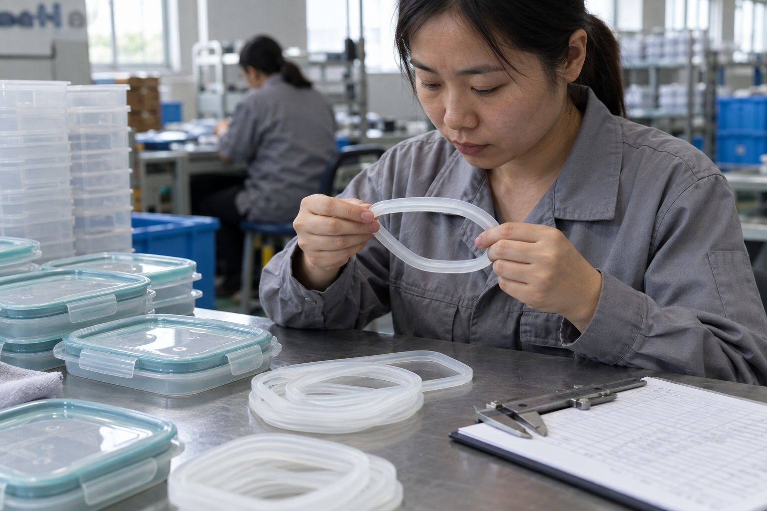 Asian technician inspecting a replacement gasket beside lunch box lids