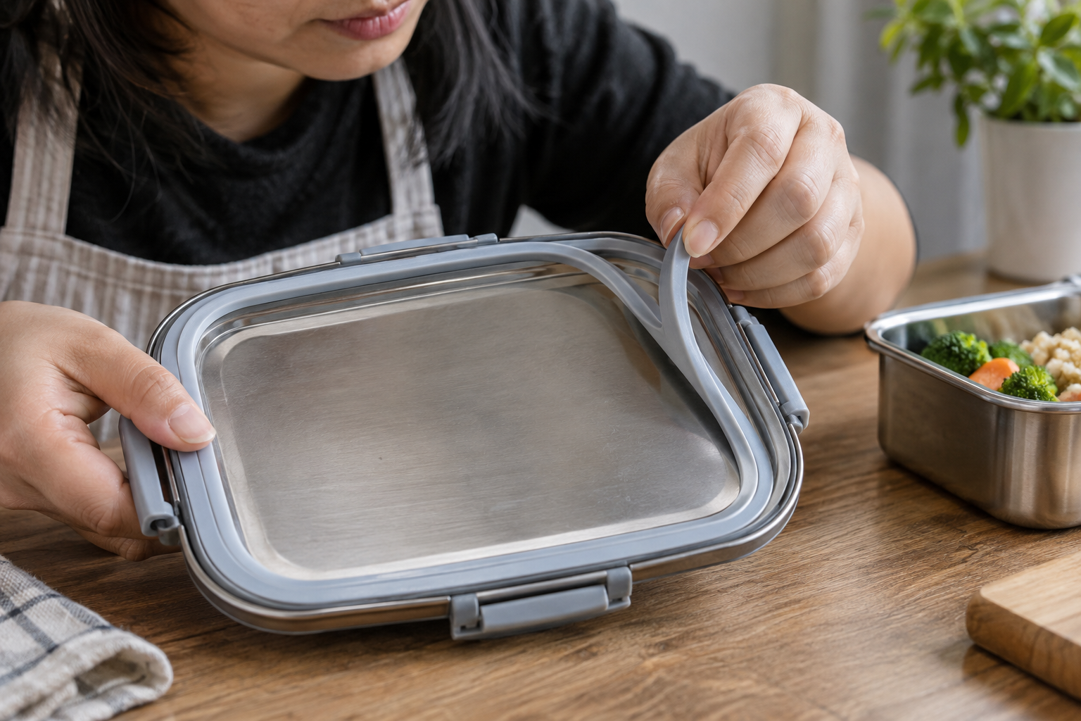 Asian staff member lifting a removable gasket from a lunch box lid