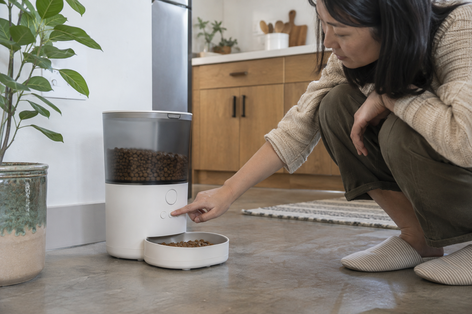 Asian adult using a physical control on an illustrative pet feeder