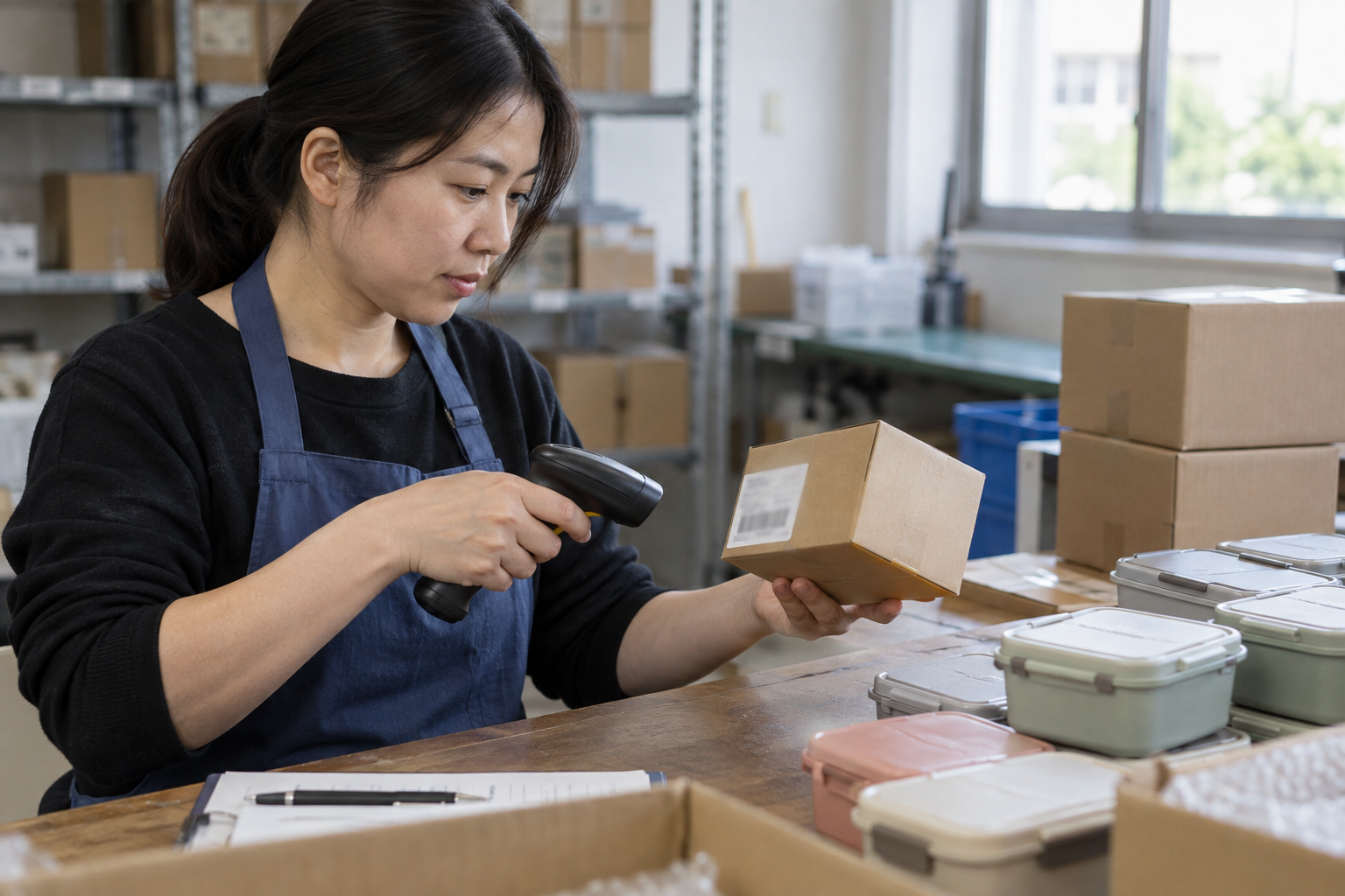 Asian worker scanning a carton beside lunch box sets