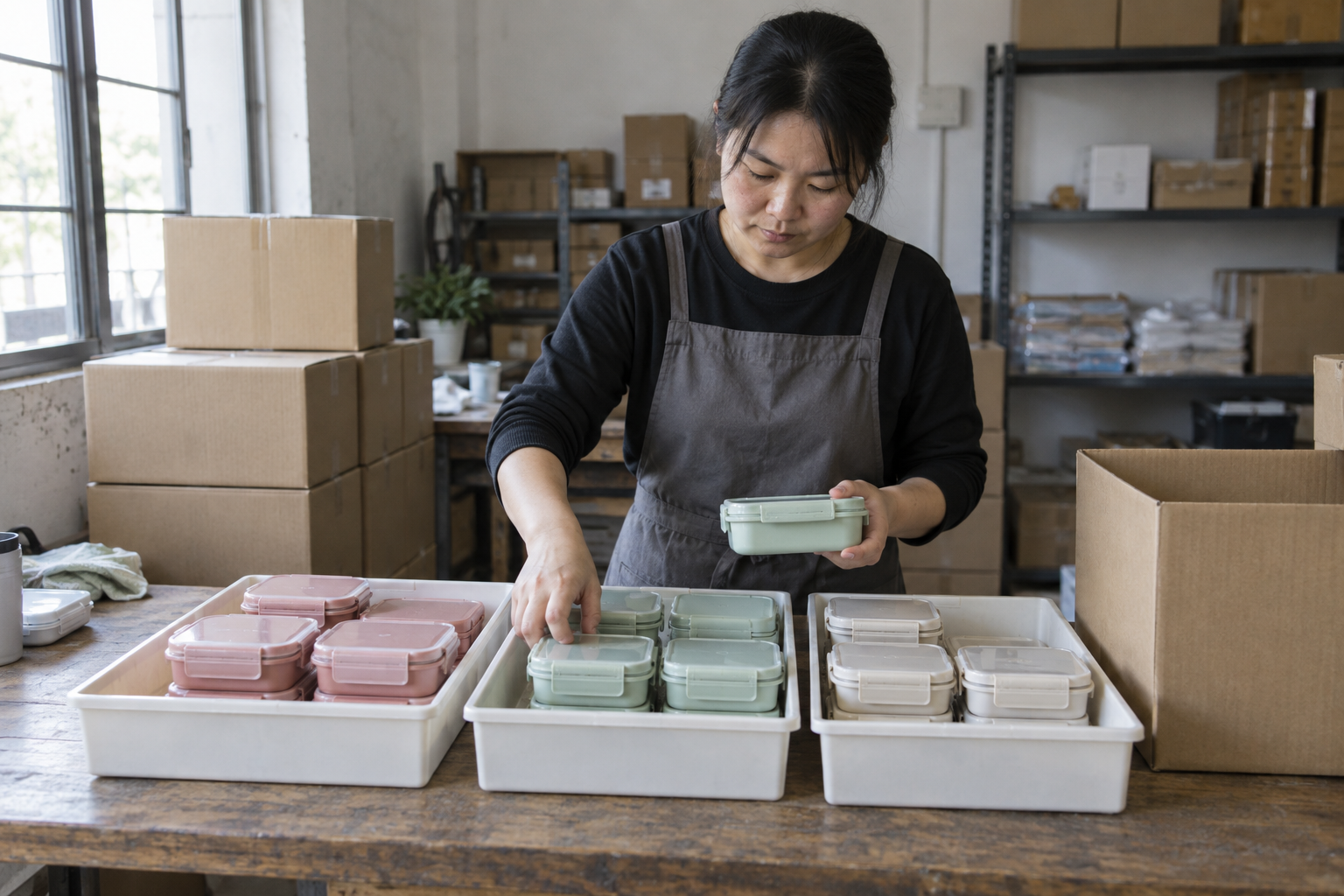 Asian warehouse worker separating lunch box samples into trays