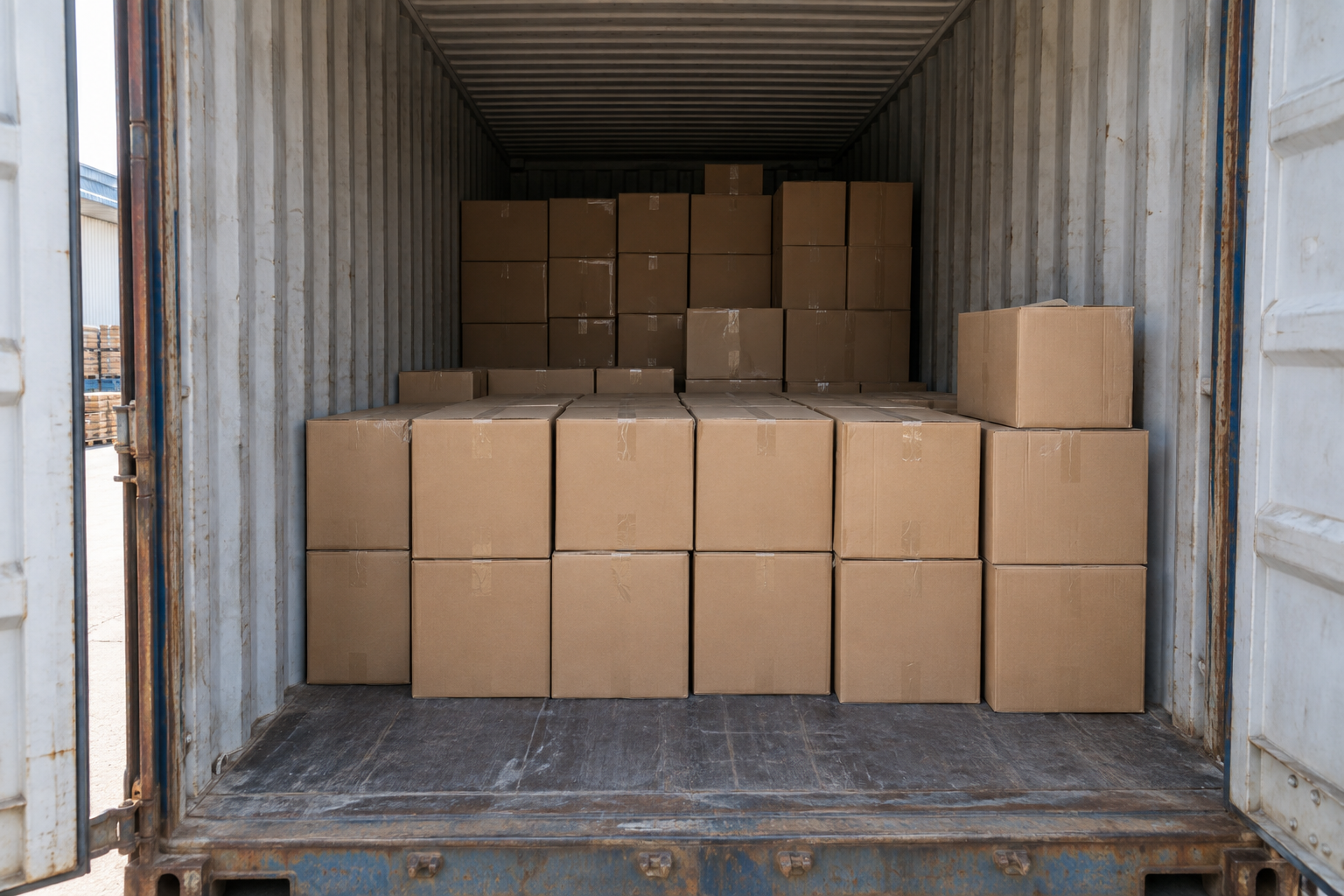 Loose cartons arranged inside a stationary shipping container