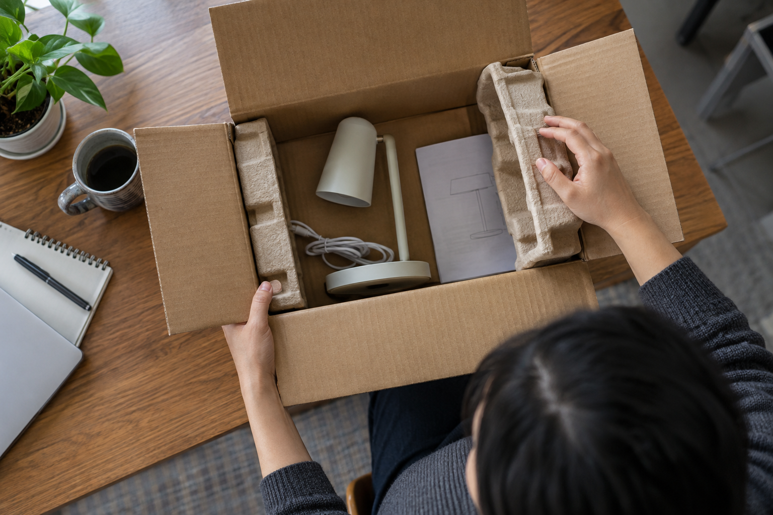 Open box with desk lamp components and removable pulp inserts
