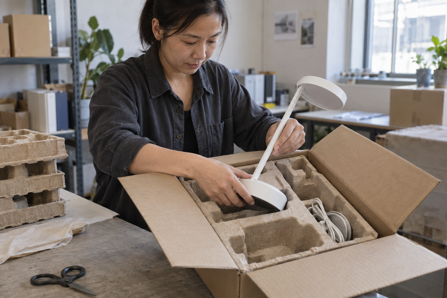 Asian packaging specialist placing a desk lamp in a pulp insert