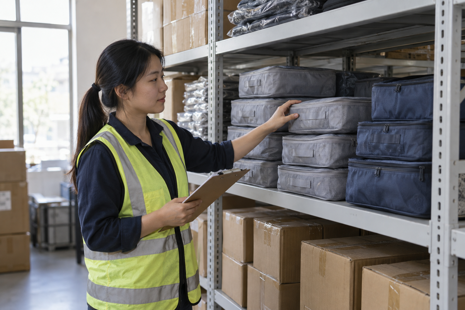 Asian warehouse worker checking stored packing cubes and cartons