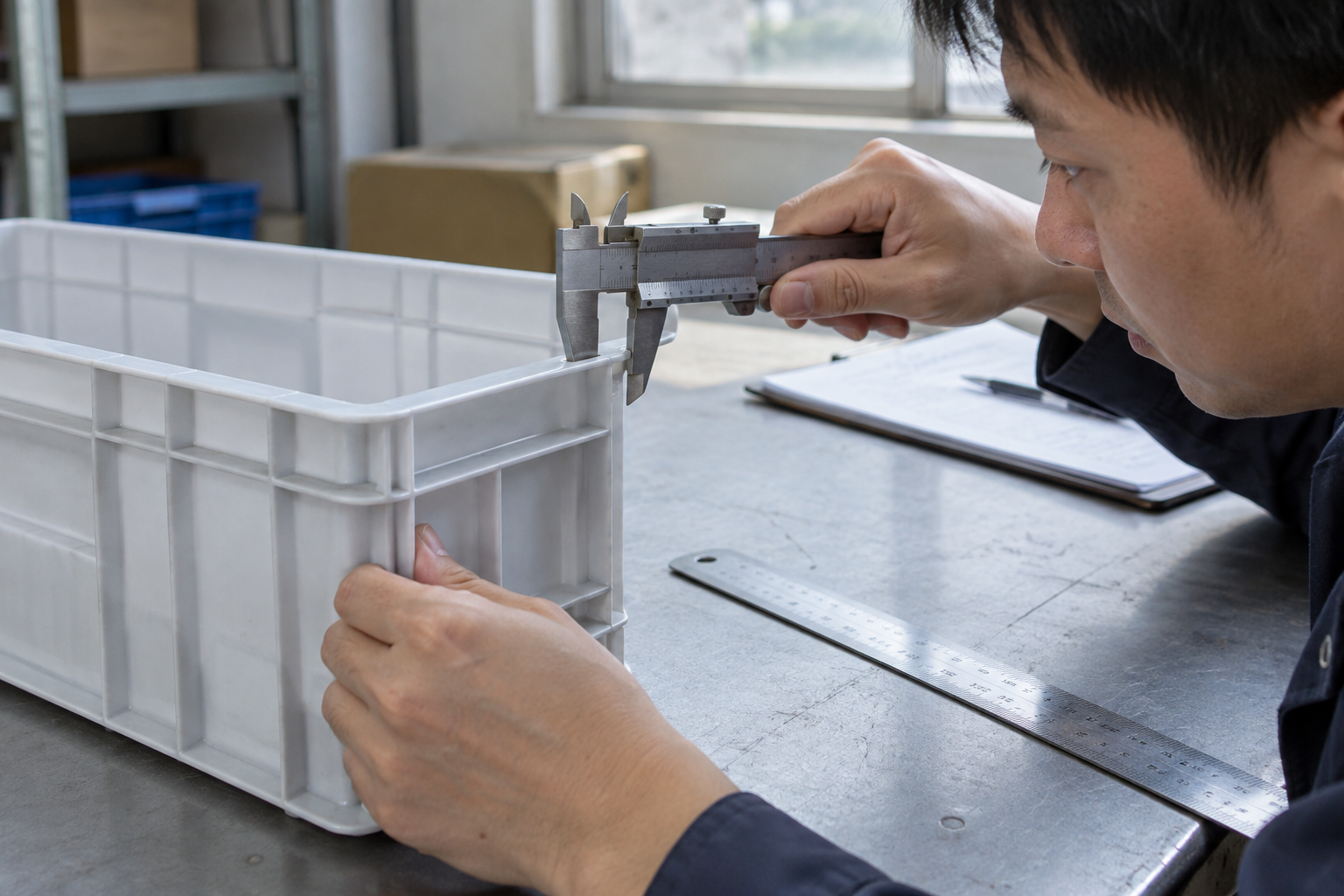 Close view of calipers at a plastic crate rim