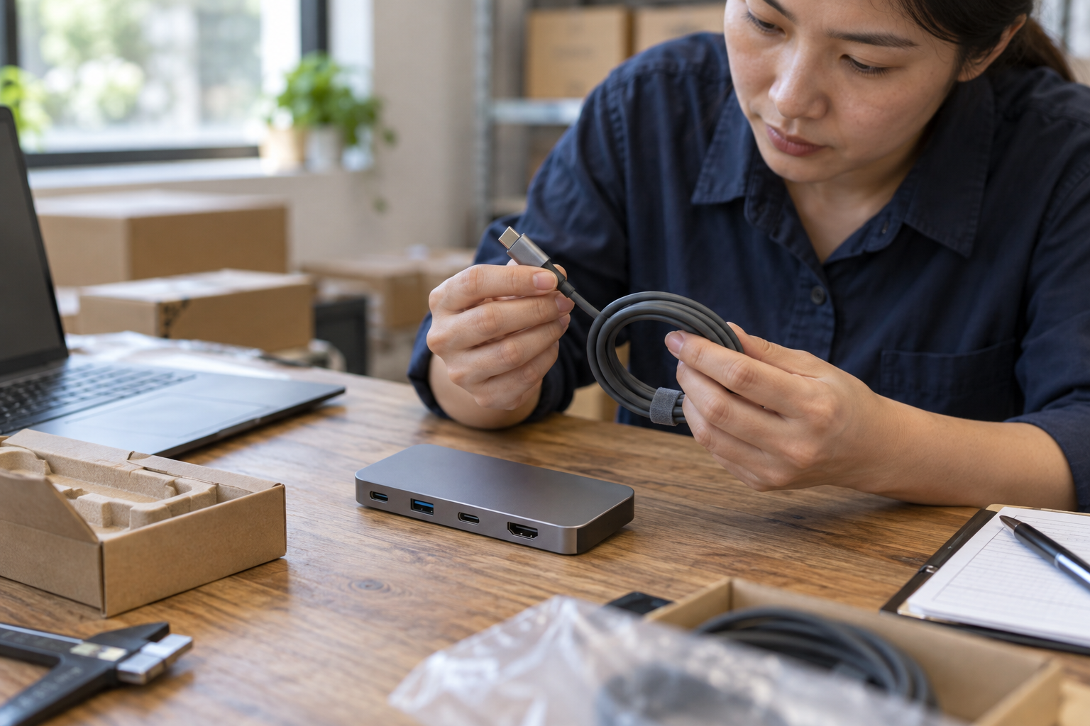 Asian technician inspecting a USB-C cable and compact hub
