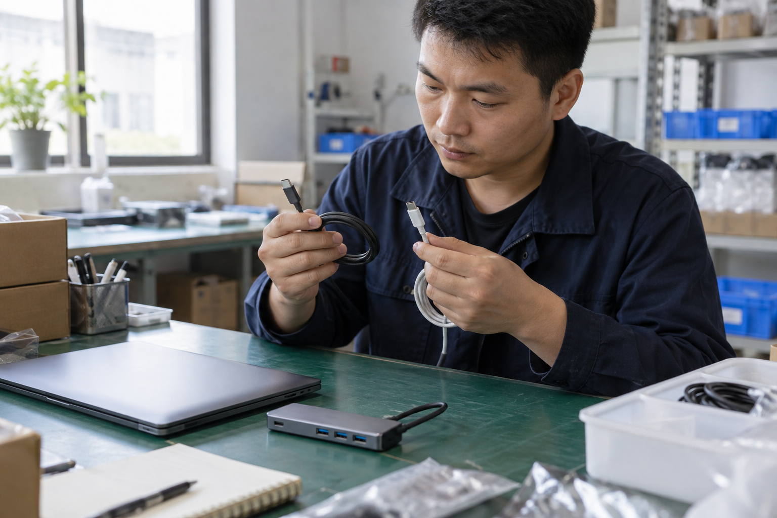 Asian engineer comparing USB-C cables beside a desktop hub