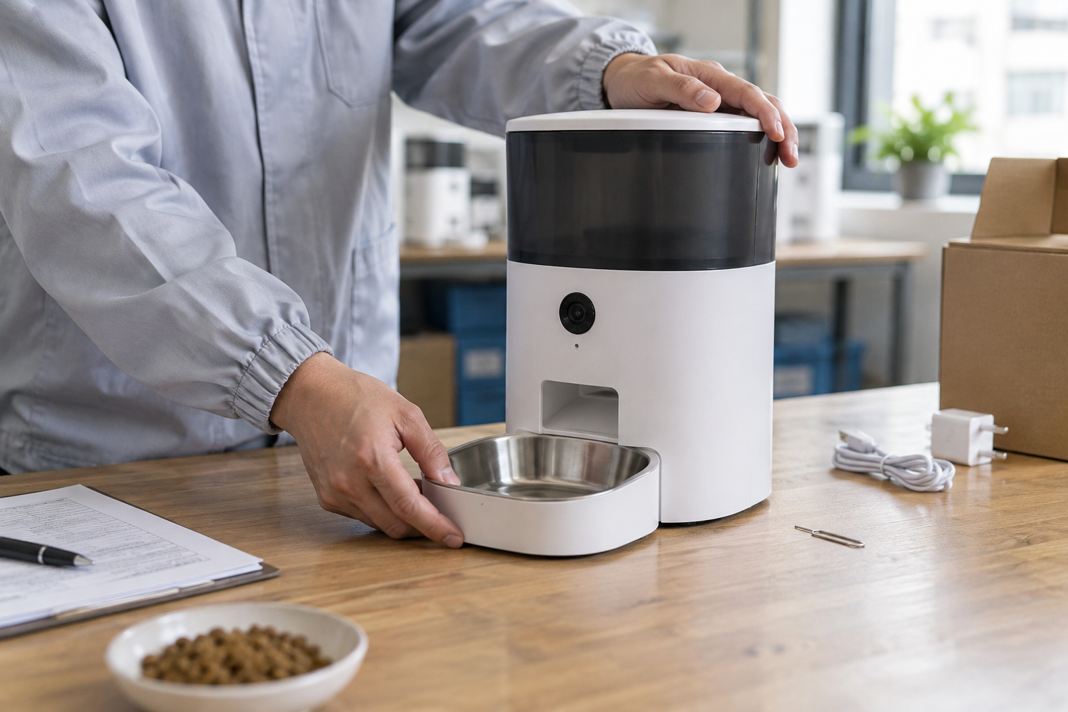 Smart pet feeder camera sample and reset accessory on an inspection bench