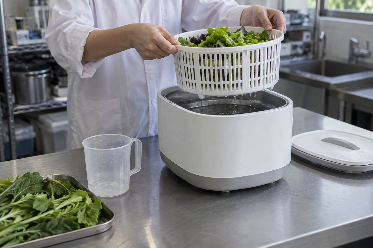 Electric produce washer basket and drainage components checked by a technician