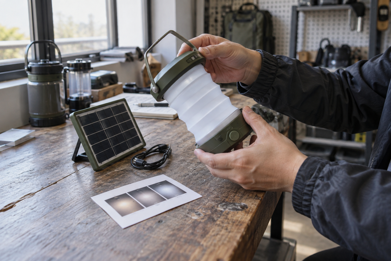 Foldable solar camping lantern inspected on an outdoor-product sample bench