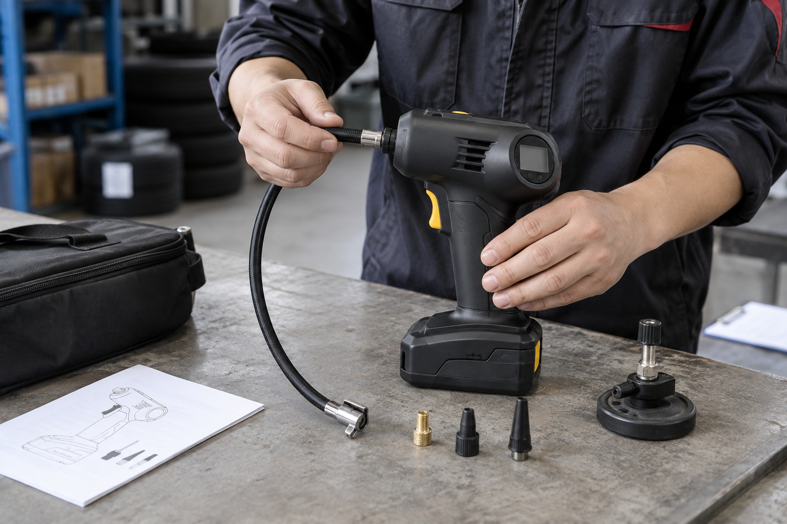 Cordless tire inflator hose and valve fitting checked on an automotive bench