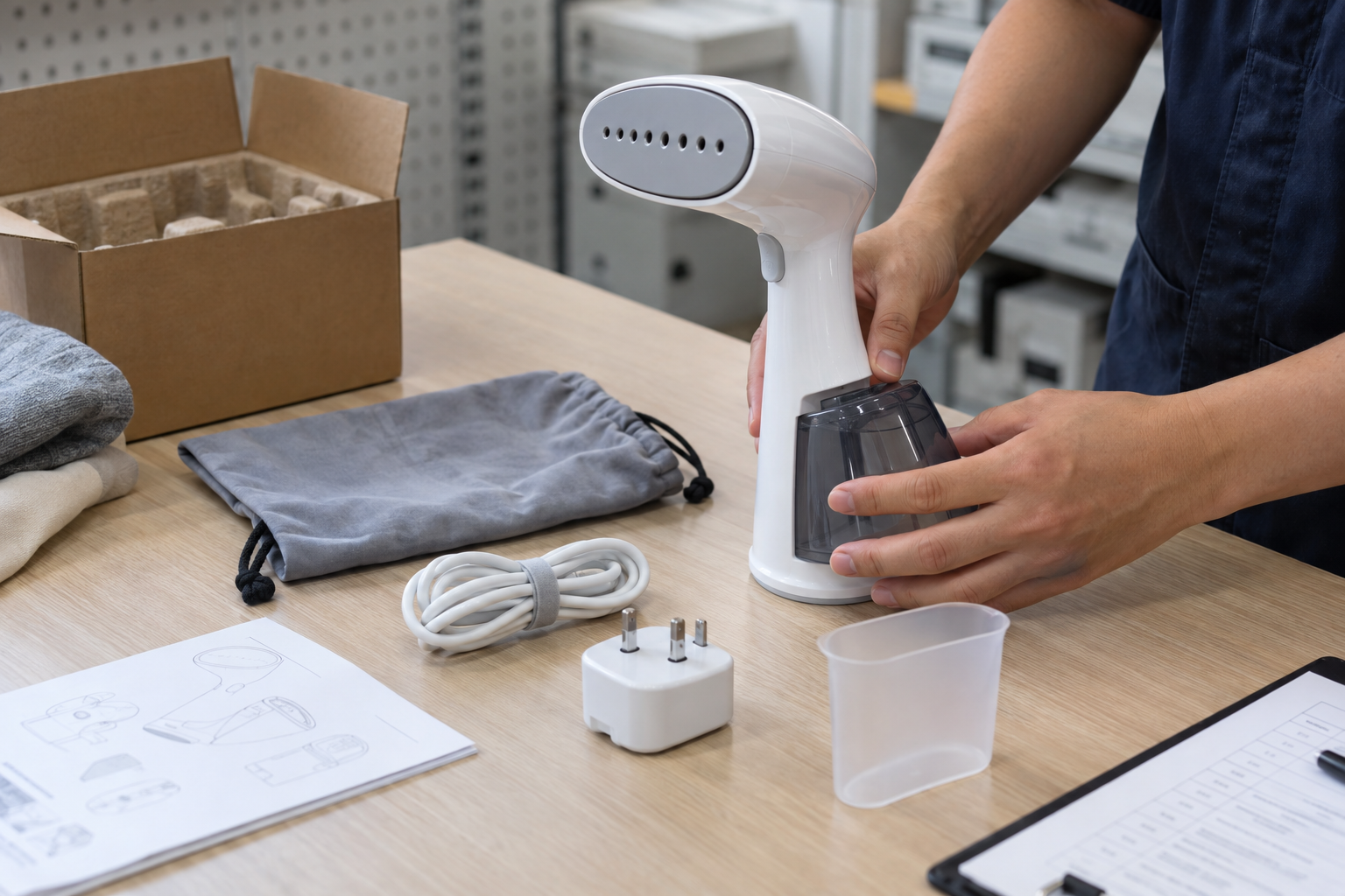 Travel garment steamer water tank and accessories checked before packaging