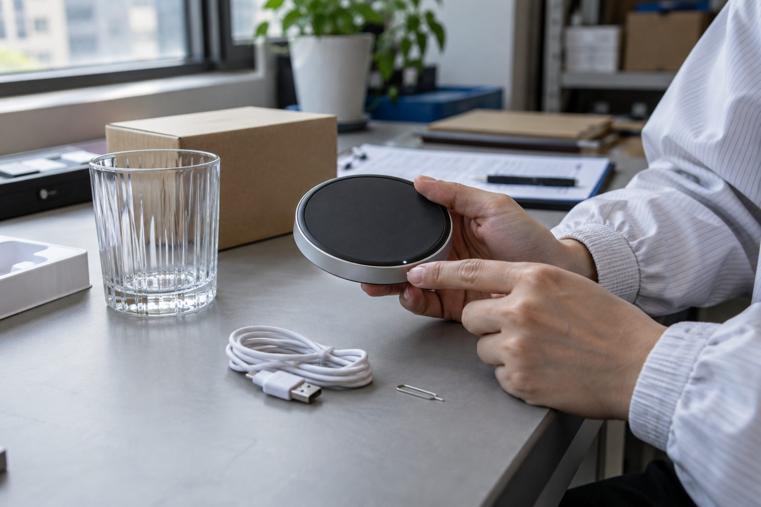 Smart hydration coaster sample checked beside charging accessories