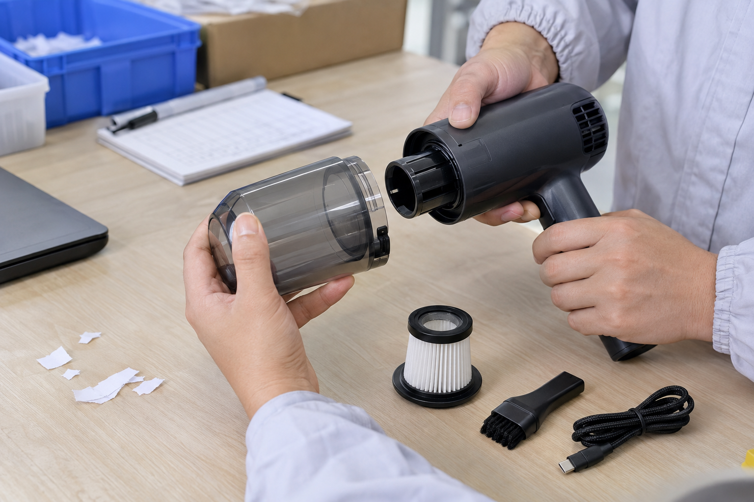 Mini desktop vacuum filter and dust container inspected for service access