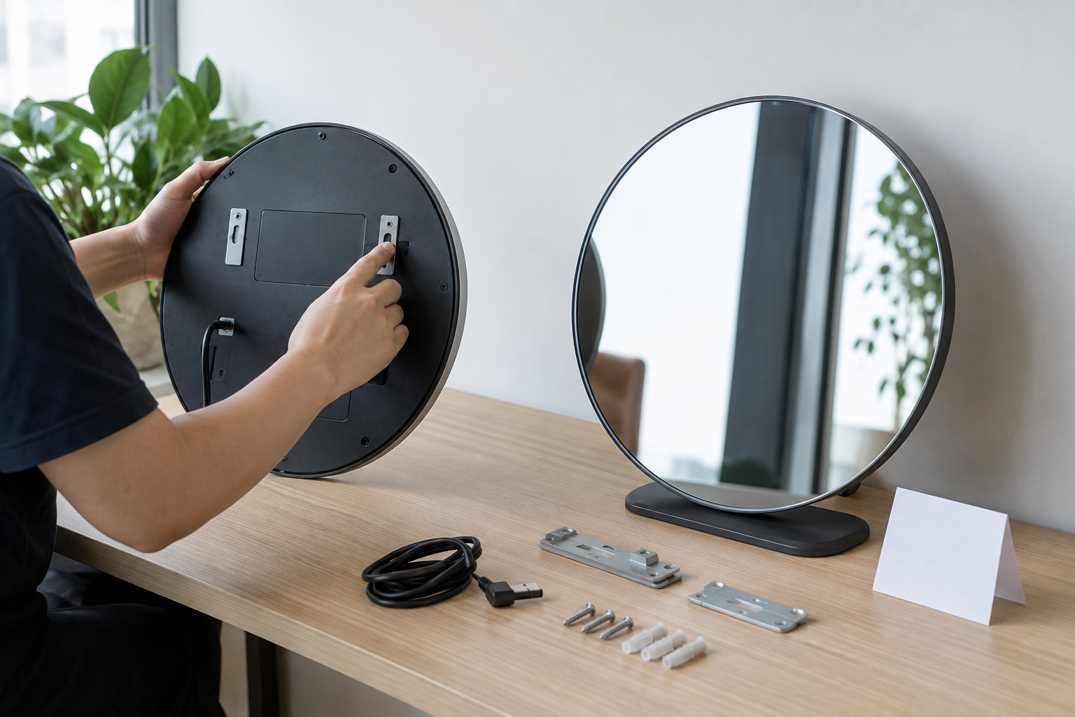 Smart mirror panel mounting hardware reviewed during installation preparation