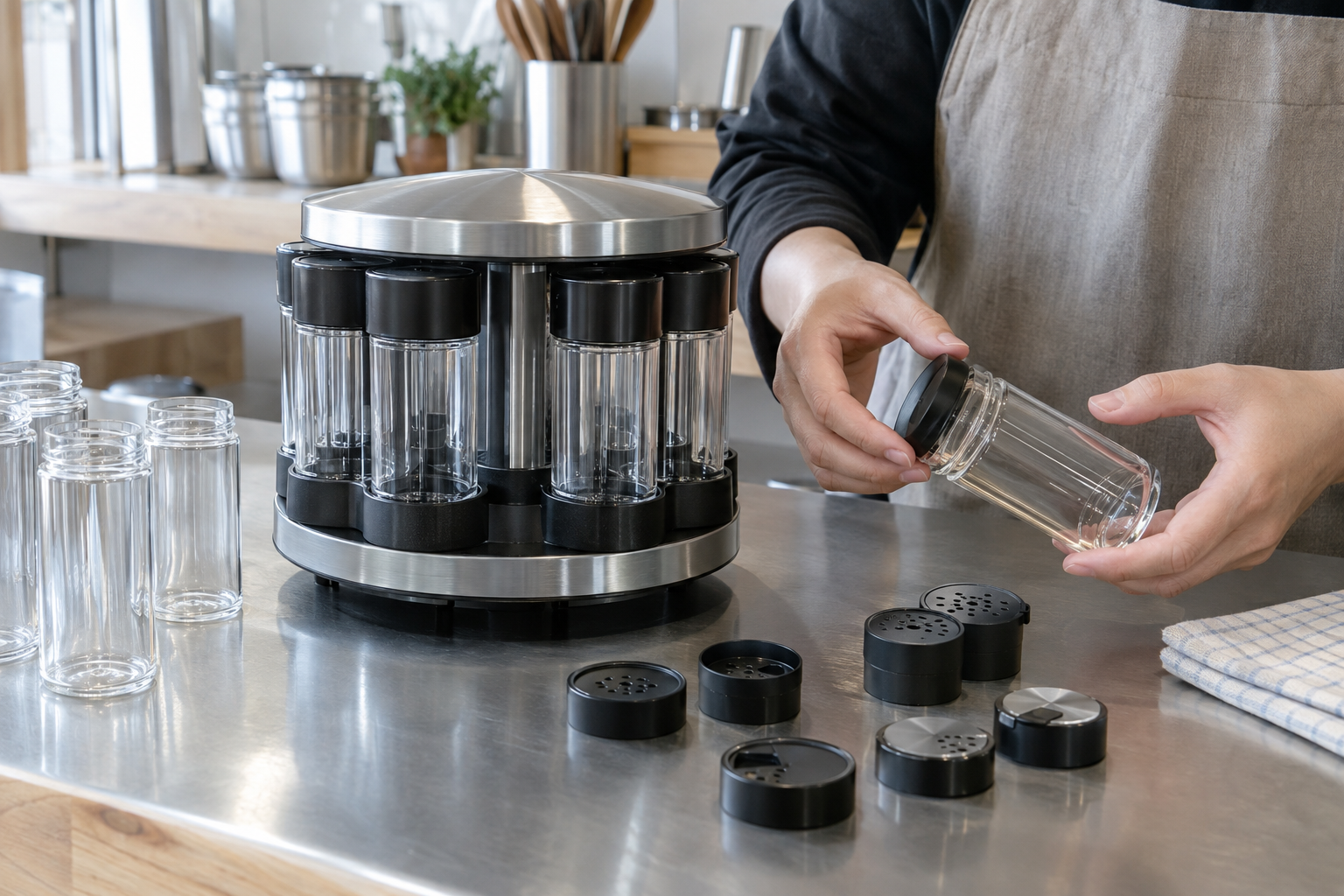 Automatic spice carousel containers and dispensing parts reviewed for cleaning access