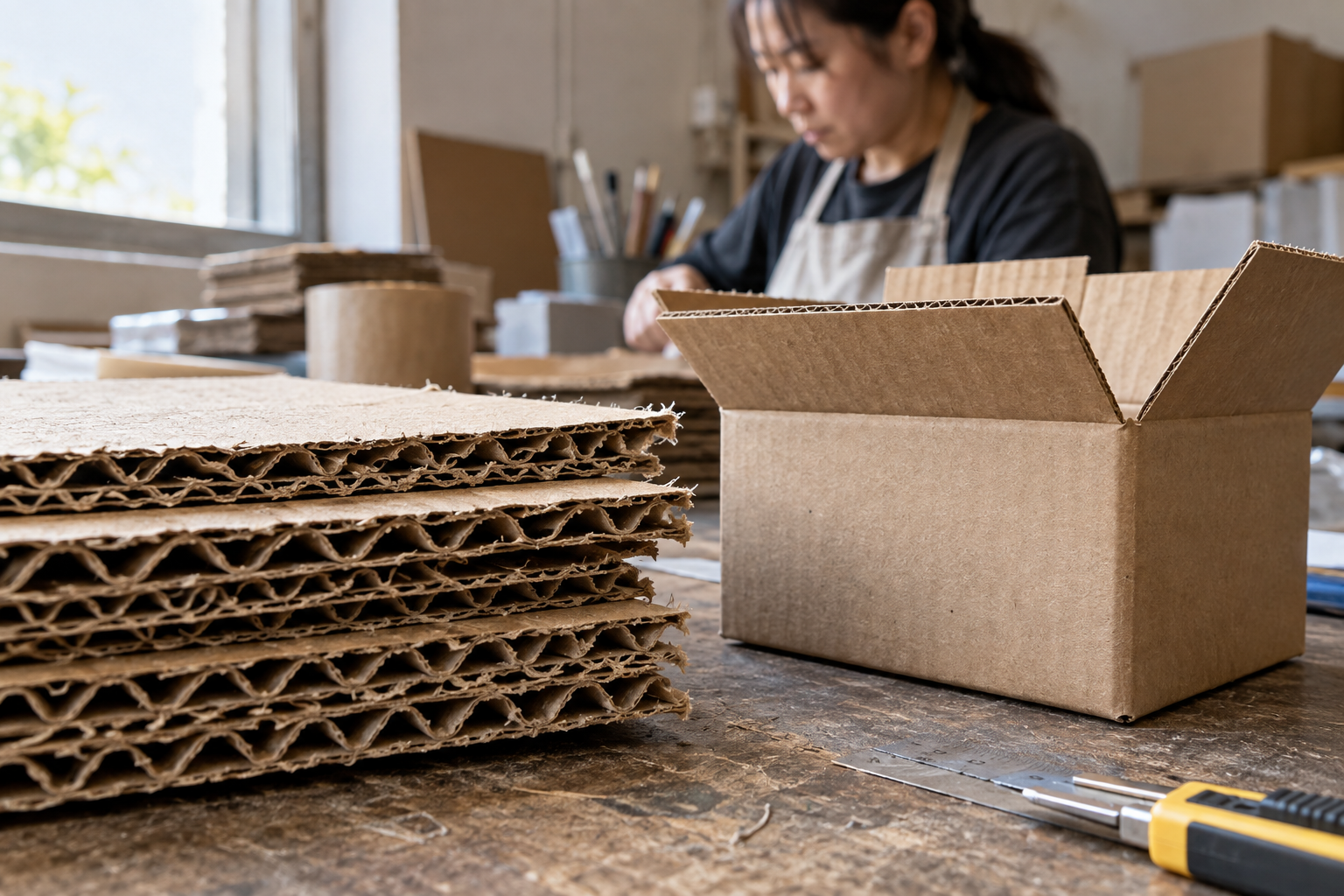 Macro photograph of corrugated board cut edges and a small empty shipping carton on a practical packaging workbench, natural paper fibers and realistic imperfections