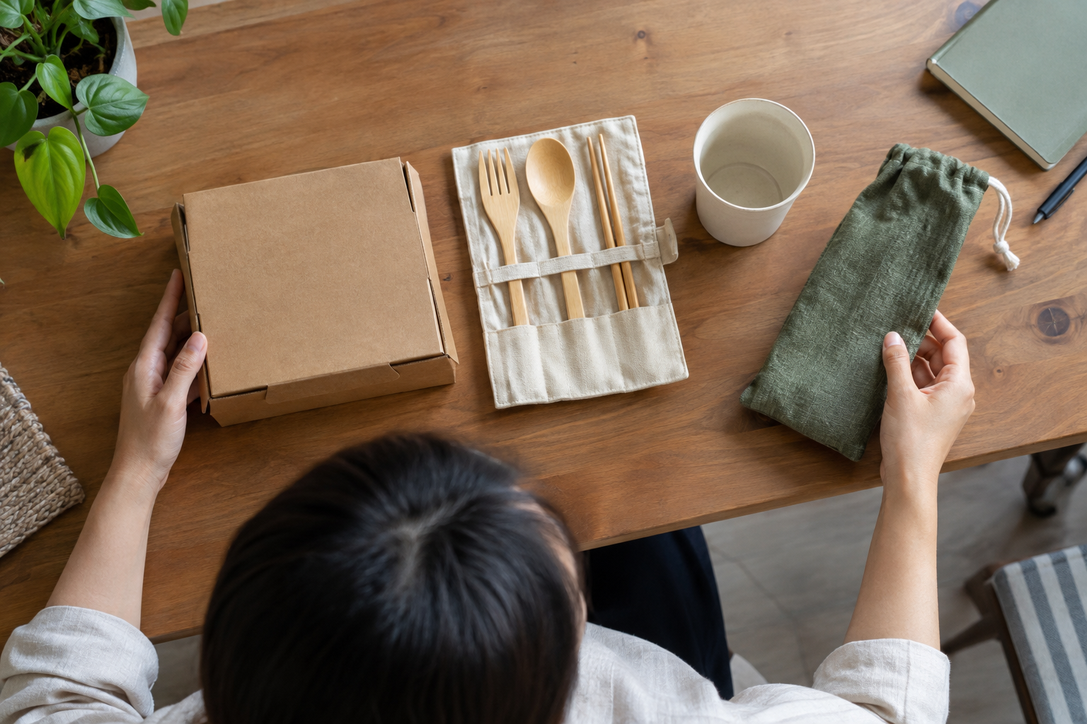 Overhead realistic photograph of a plain picnic gift box, reusable cutlery pouch, small cup and separate alternative pouch arranged as a procurement comparison, no readable text