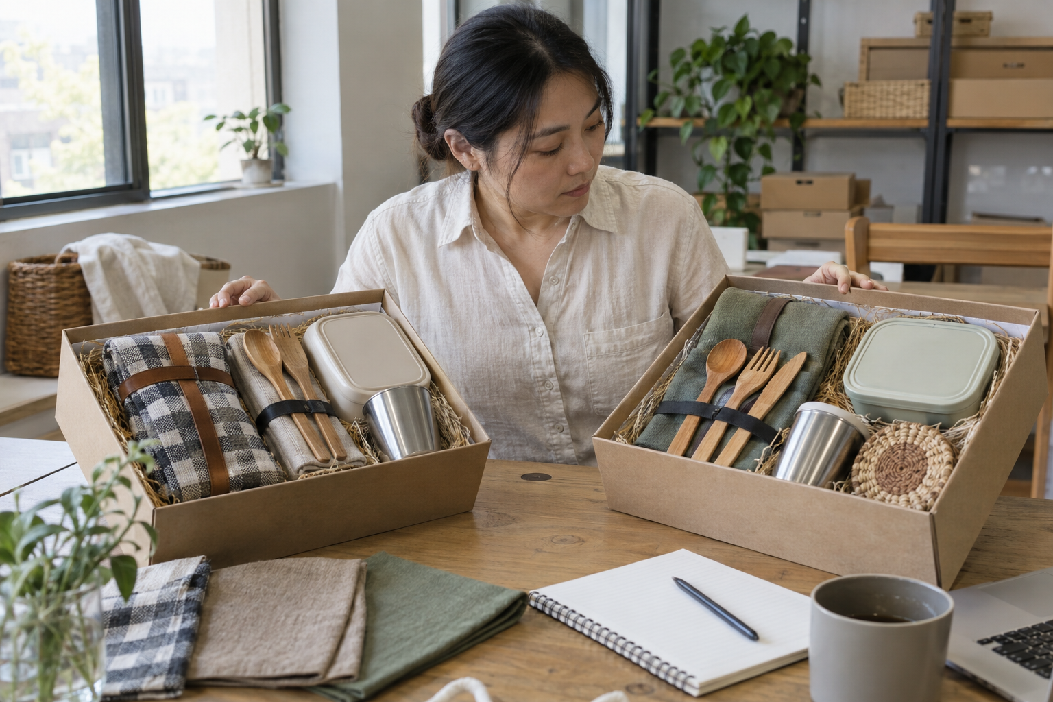 Asian gift program buyer comparing two open plain picnic accessory gift boxes with slightly different unbranded components at a sourcing sample table
