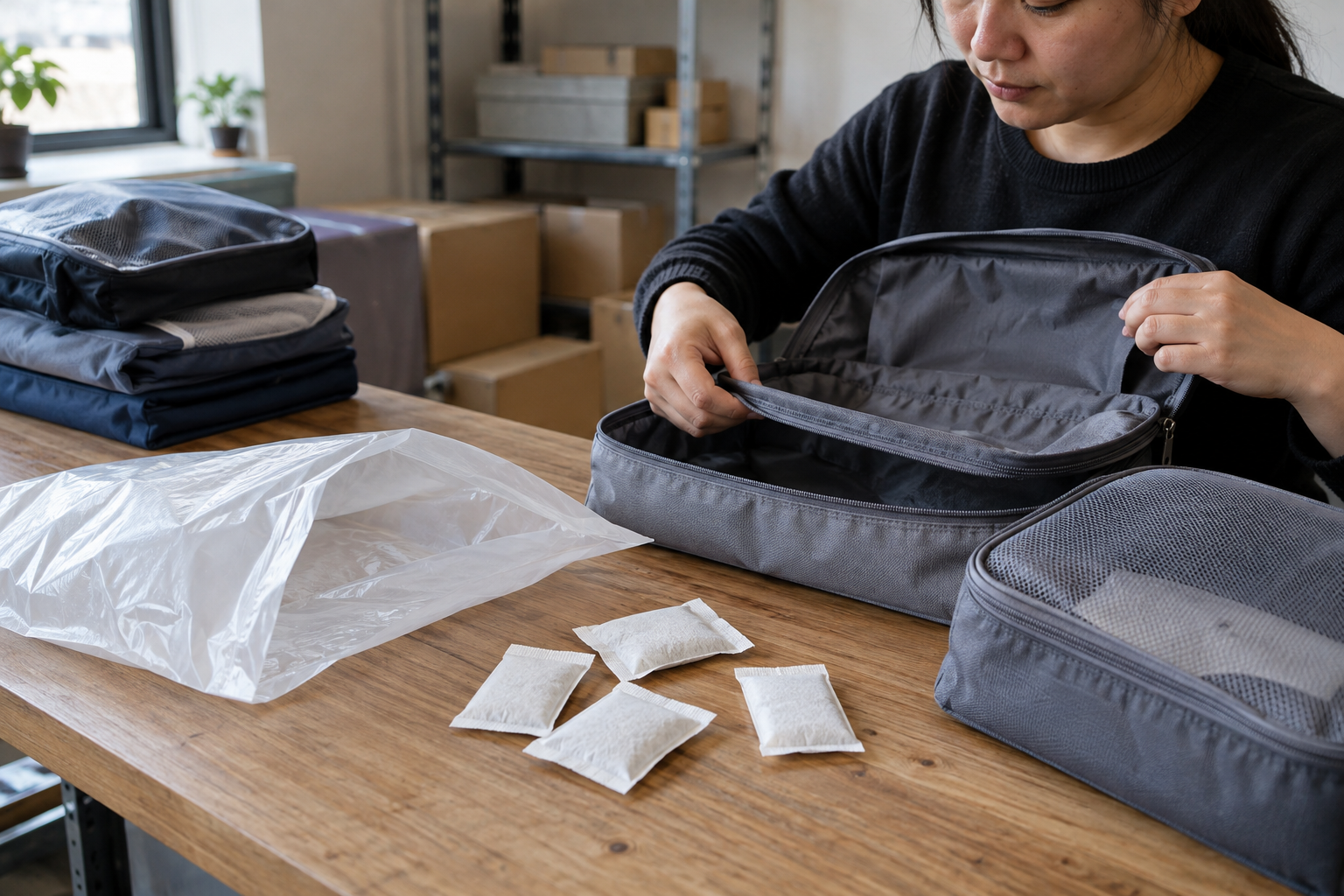 Close-up of plain desiccant sachets placed separately beside an open protective bag and unbranded fabric travel organizers on a packing bench