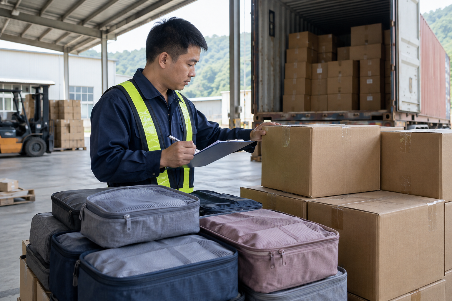 Asian warehouse inspector checking clean dry cardboard cartons beside travel packing cubes at a covered container loading bay