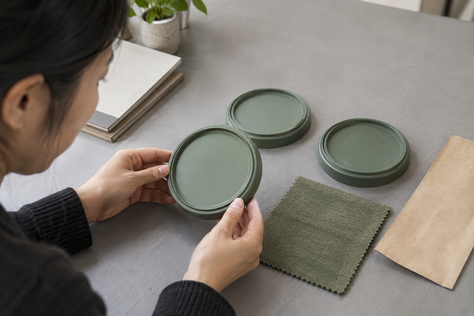 Close-up of three muted green plastic lids, a fabric swatch and plain paper packaging sample on a neutral gray inspection surface