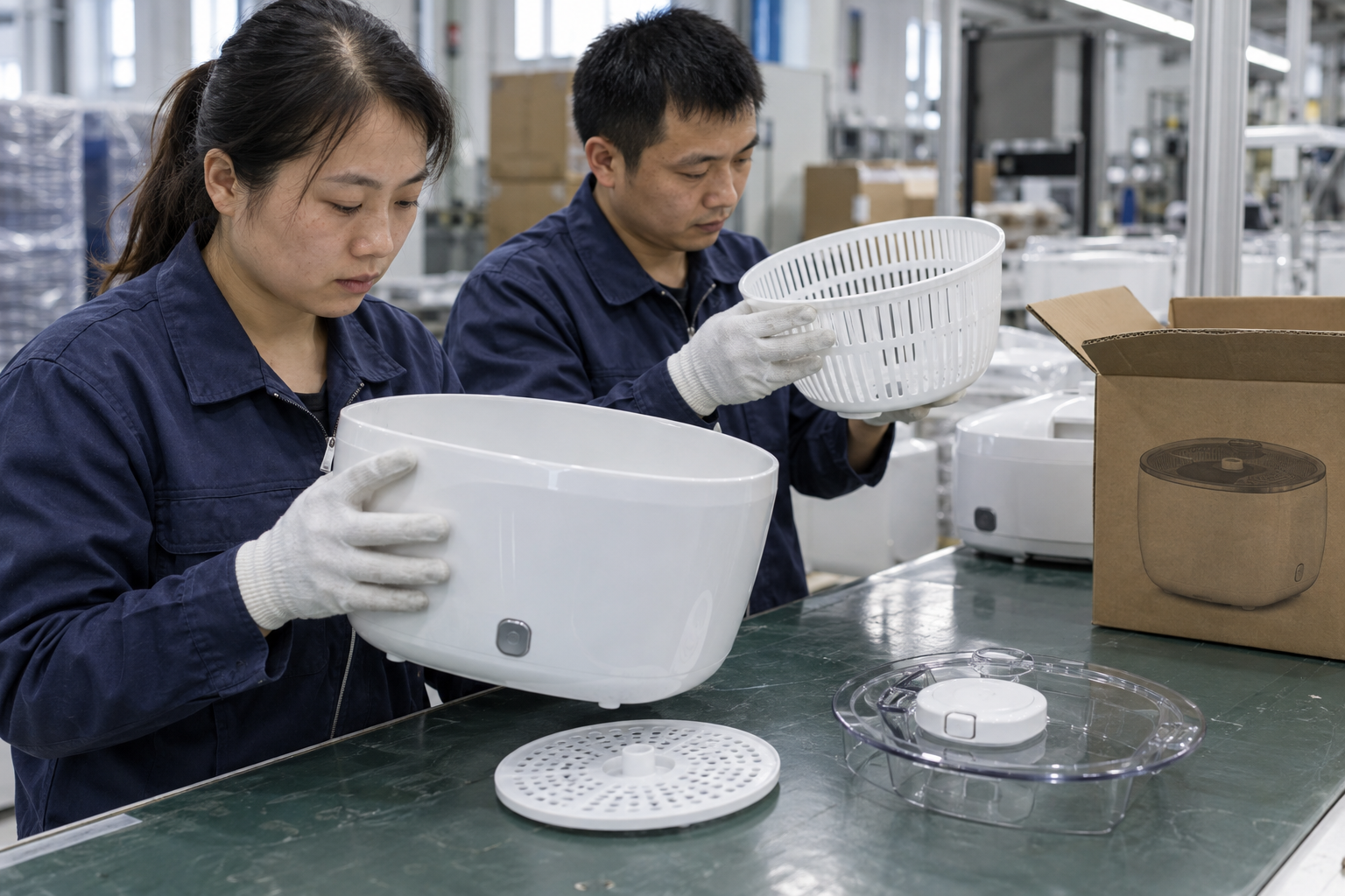 Asian quality staff inspecting electric produce washer bowl and basket components