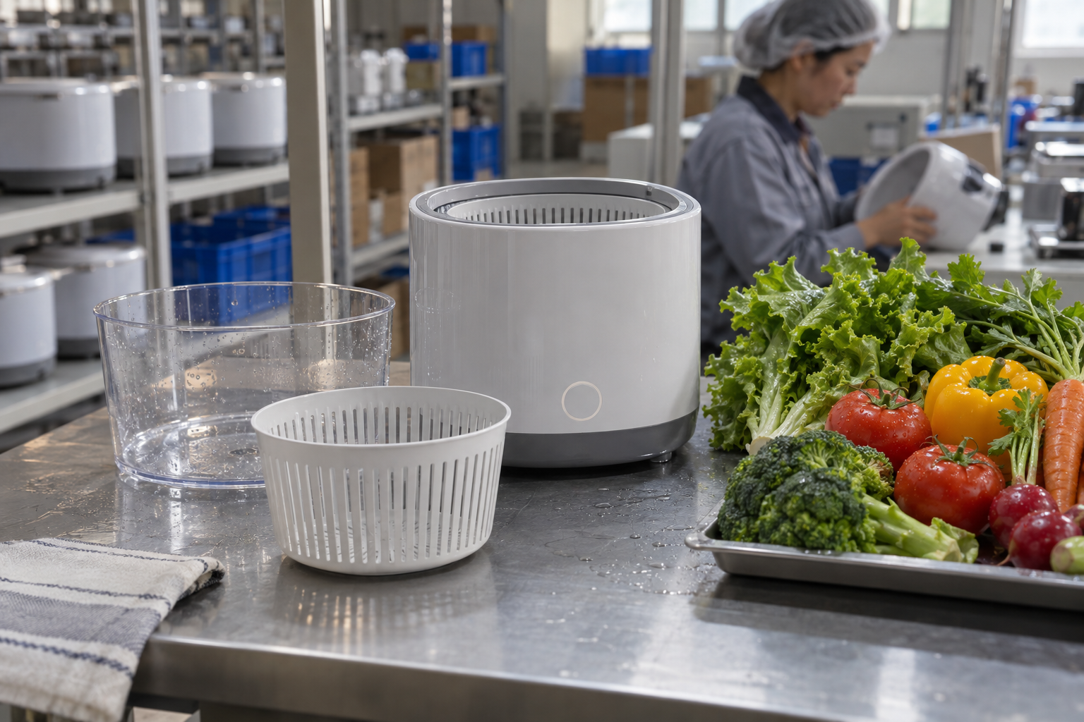 Unbranded electric produce washer sample with removable bowl and basket