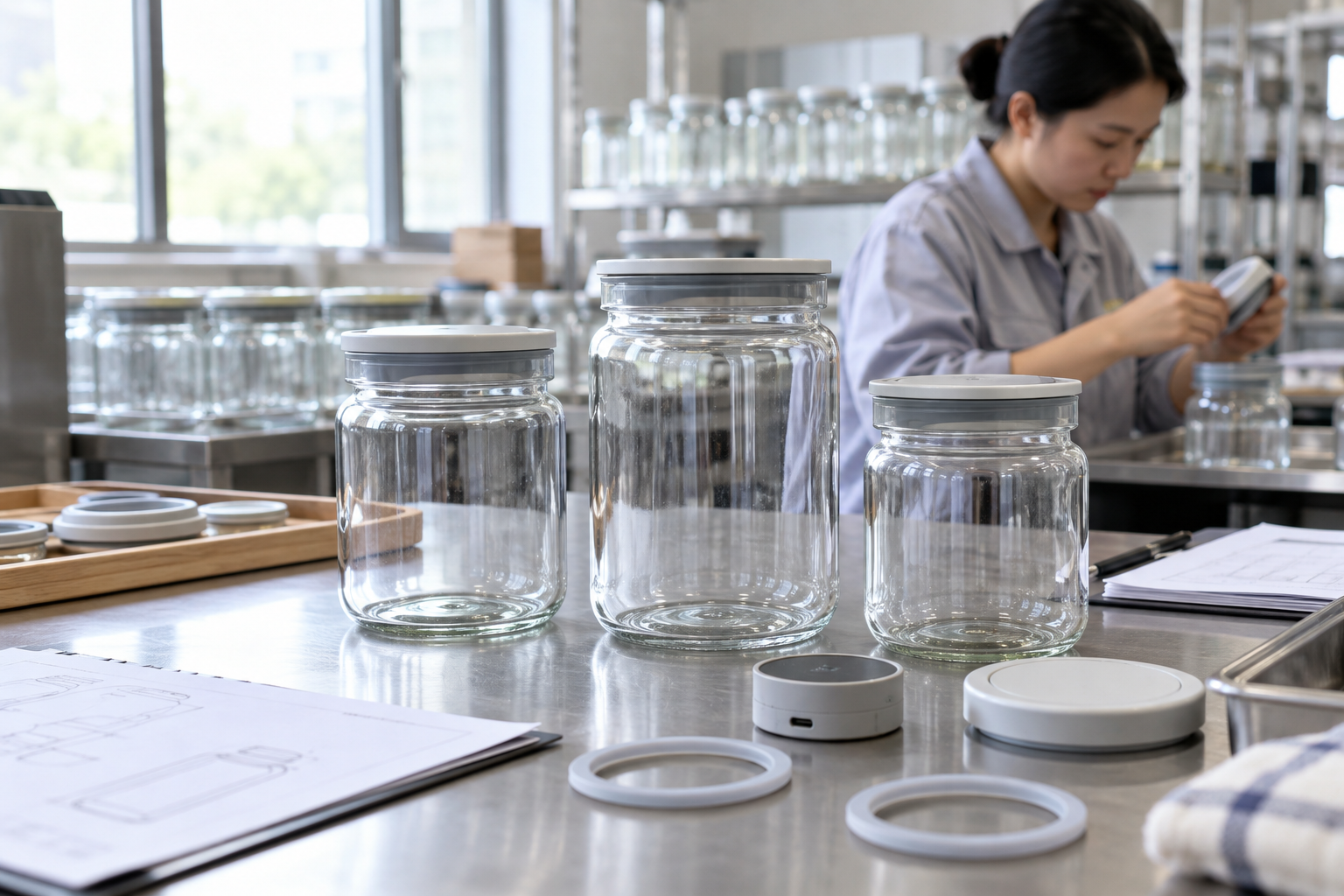 Unbranded smart fermentation jar components arranged for buyer sample review