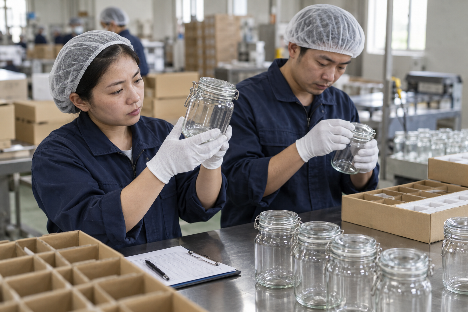 Asian factory staff visually inspecting glass jar lids and seals