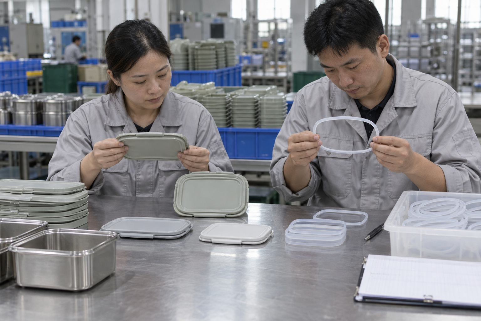 Asian quality staff inspecting modular lunch box lids and silicone gaskets