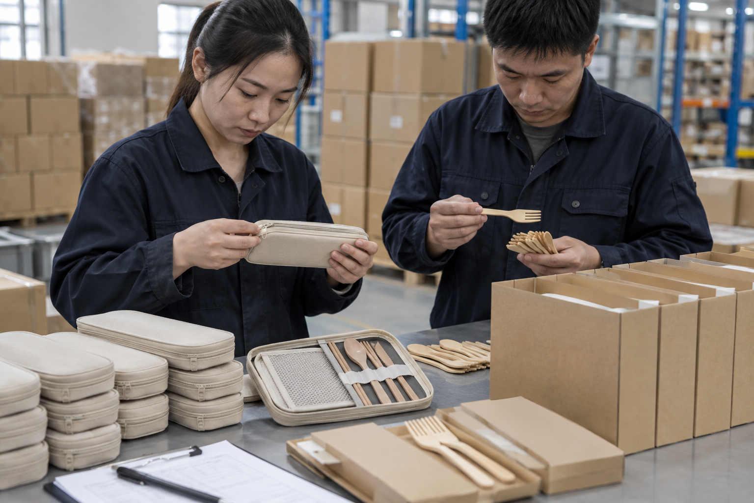 Asian factory staff checking picnic cutlery count and storage-case pack-out