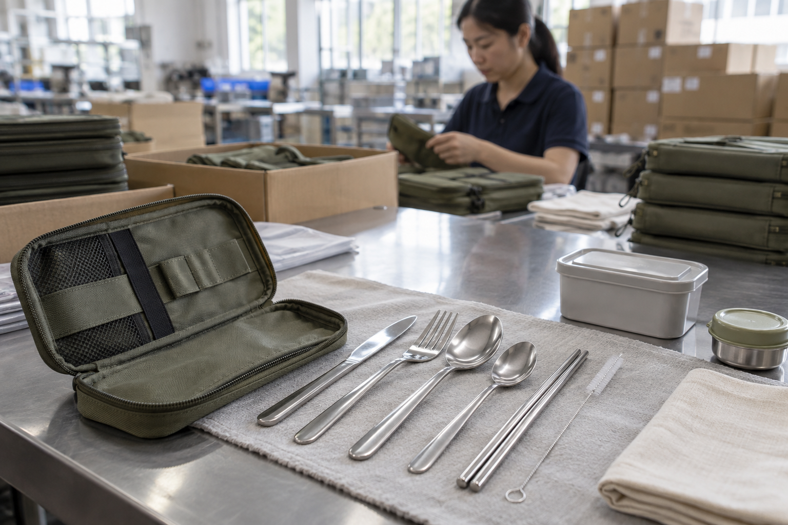 Unbranded picnic cutlery kit and storage case prepared for buyer sample review