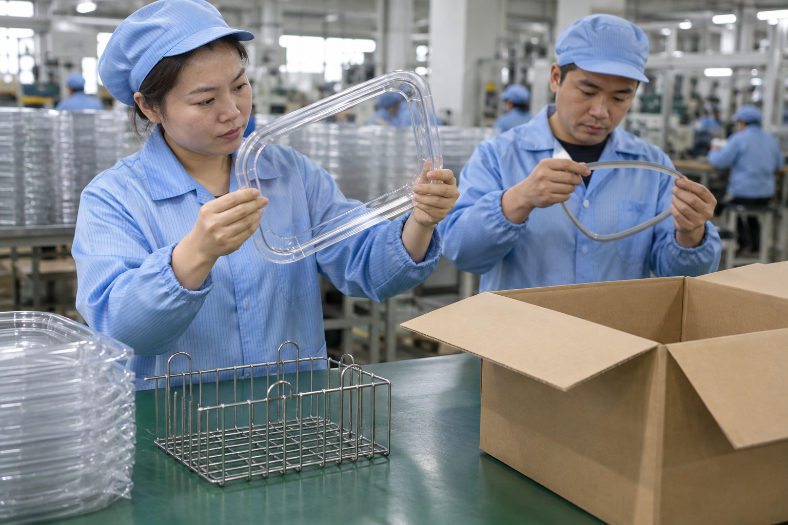 Asian factory staff inspecting countertop sous vide box lid and seal components