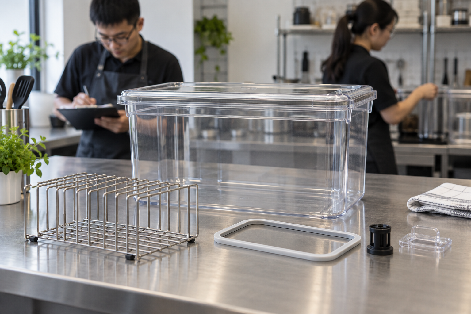 Unbranded countertop sous vide box with lid, seal and rack components