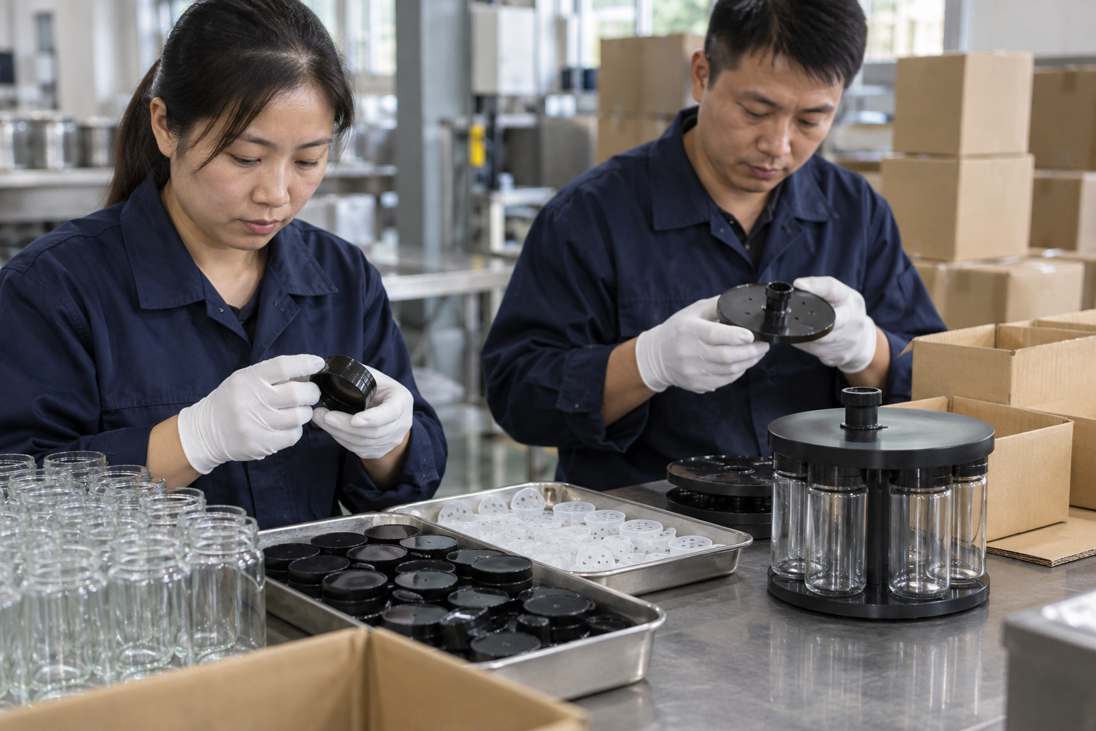Asian factory staff inspecting spice carousel jar lids and rotation components