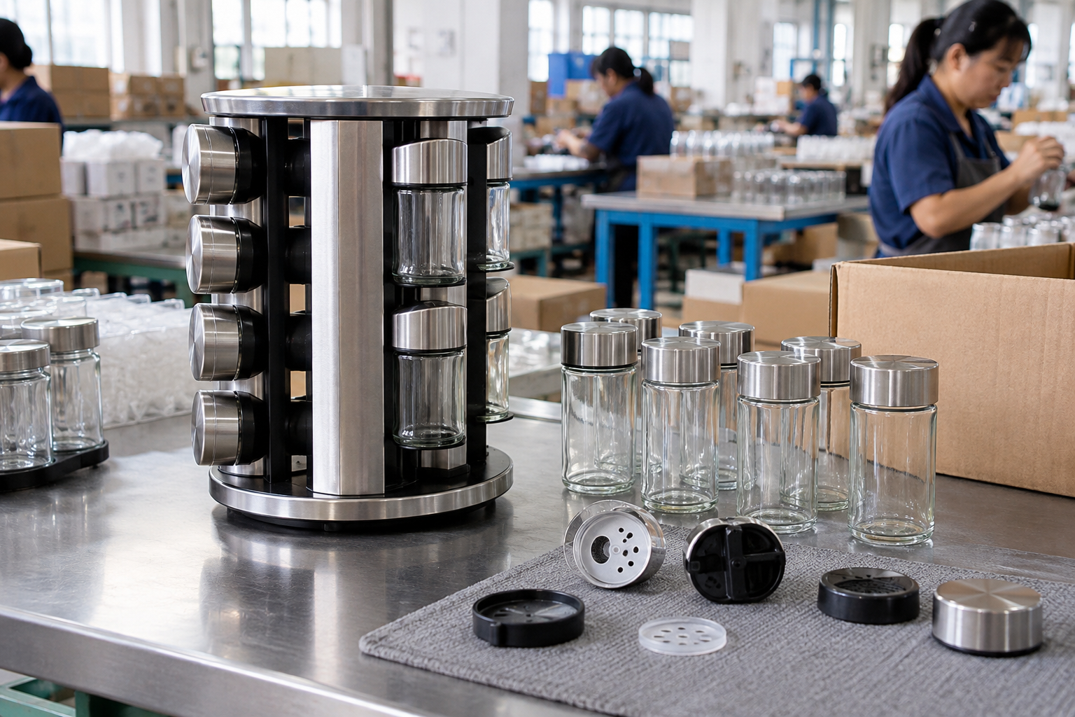 Unbranded automatic spice carousel with empty refill jars and dispensing components