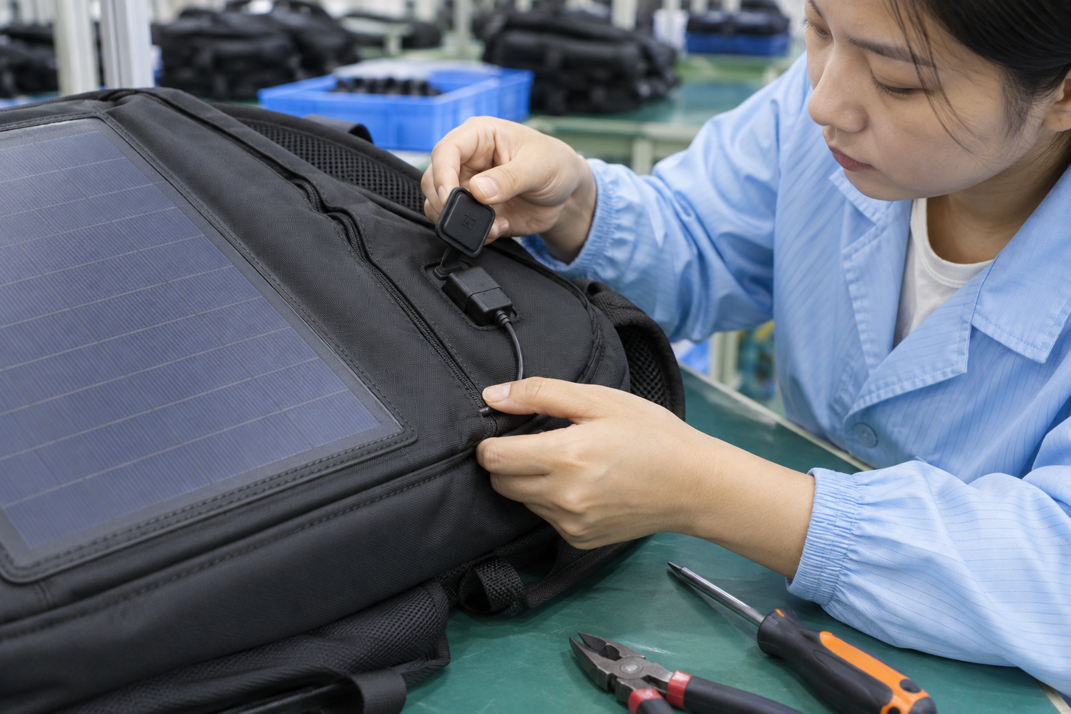 Illustrative product-detail sample review for solar commuter backpacks: charging-port sourcing