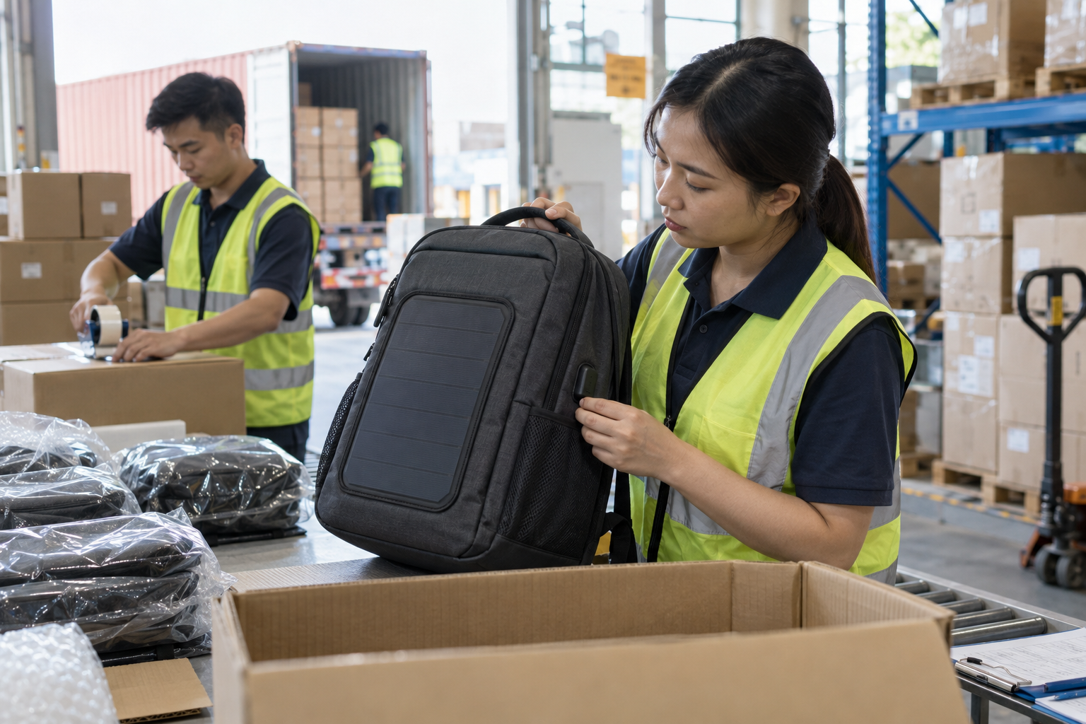 Illustrative documentary scene for solar commuter backpacks: charging-port sourcing