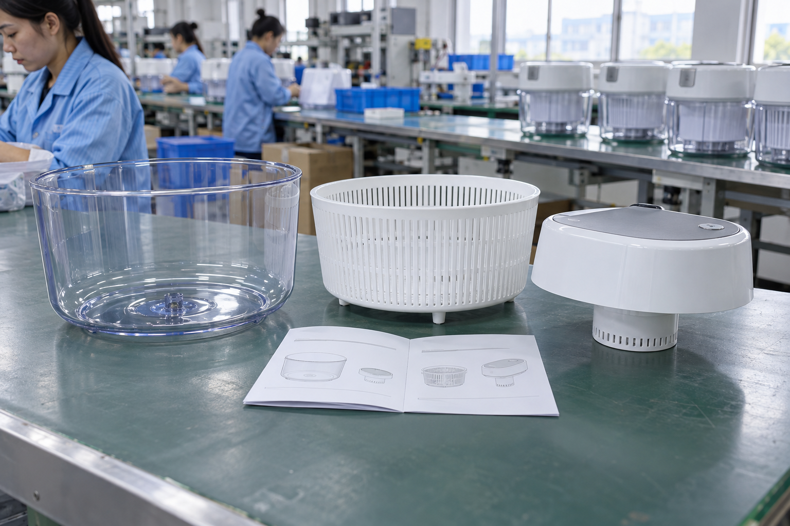 Illustrative an unbranded electric produce washer with bowl, basket, motor lid and instruction leaflet prepared for a B2B sample review