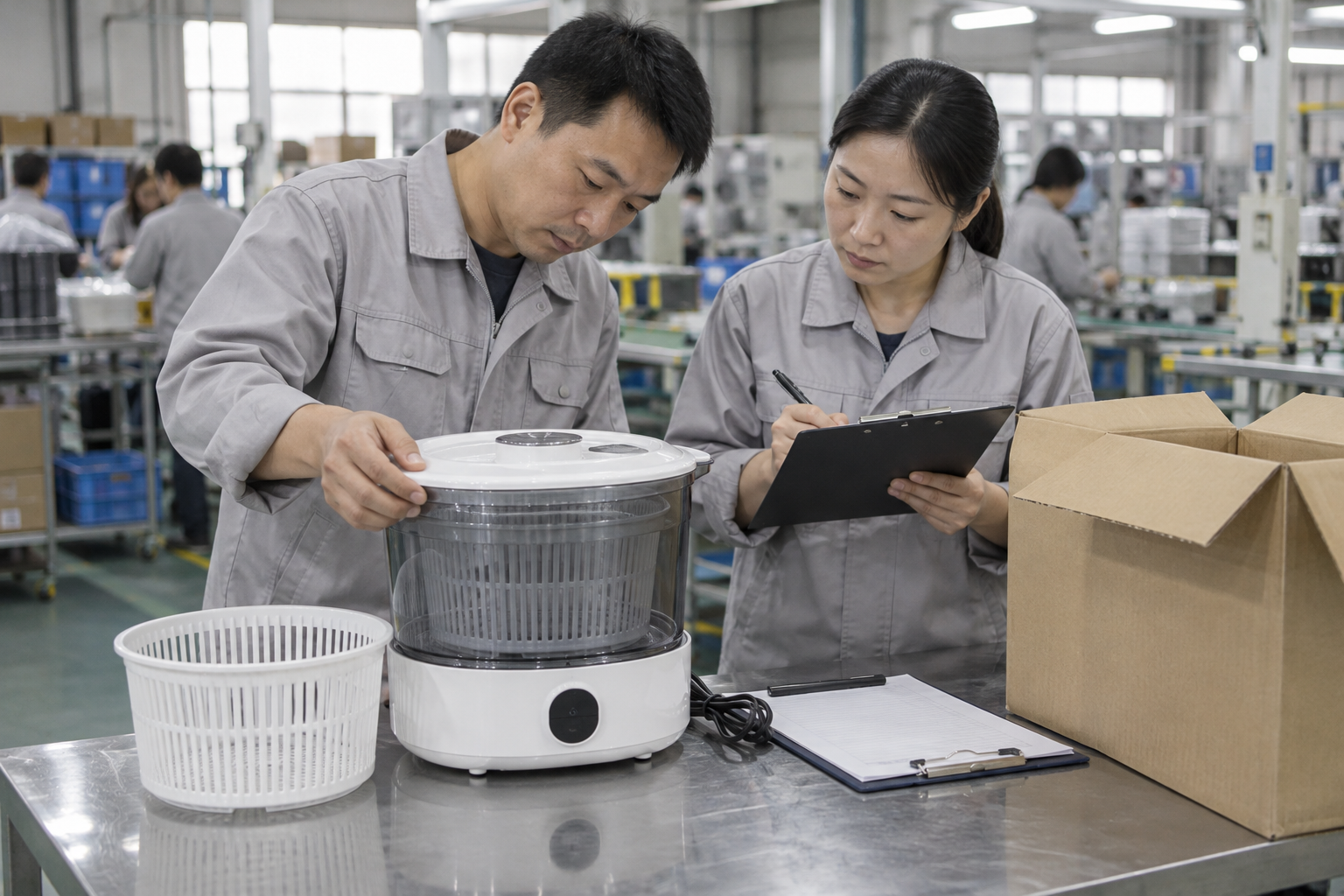 Asian quality staff reviewing an unbranded electric produce washer sample, carton and approval checklist