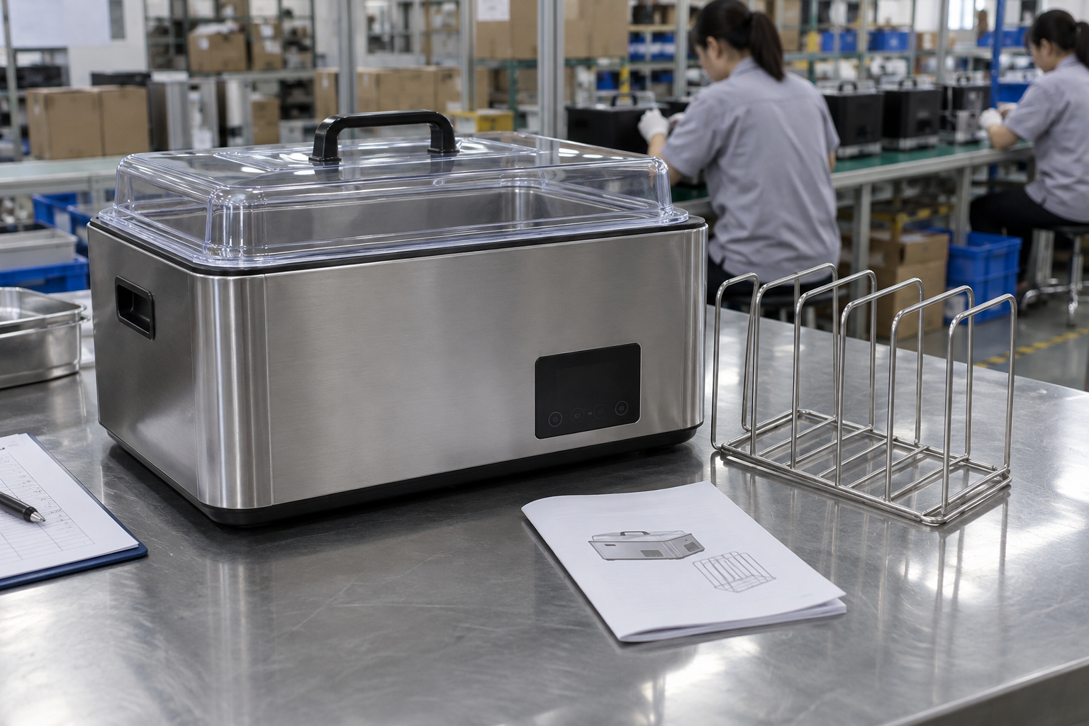 Illustrative an unbranded countertop sous vide water box with lid, rack and folded instruction guide prepared for a B2B sample review