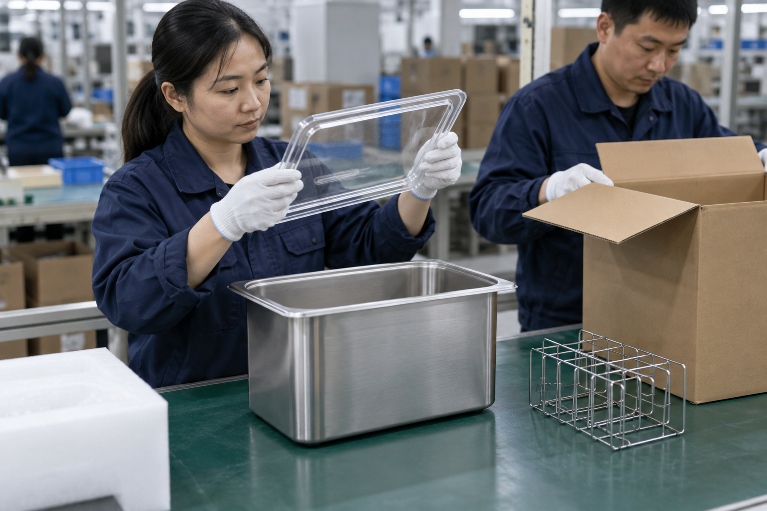 Asian quality staff reviewing an unbranded countertop sous vide box sample, carton and approval checklist