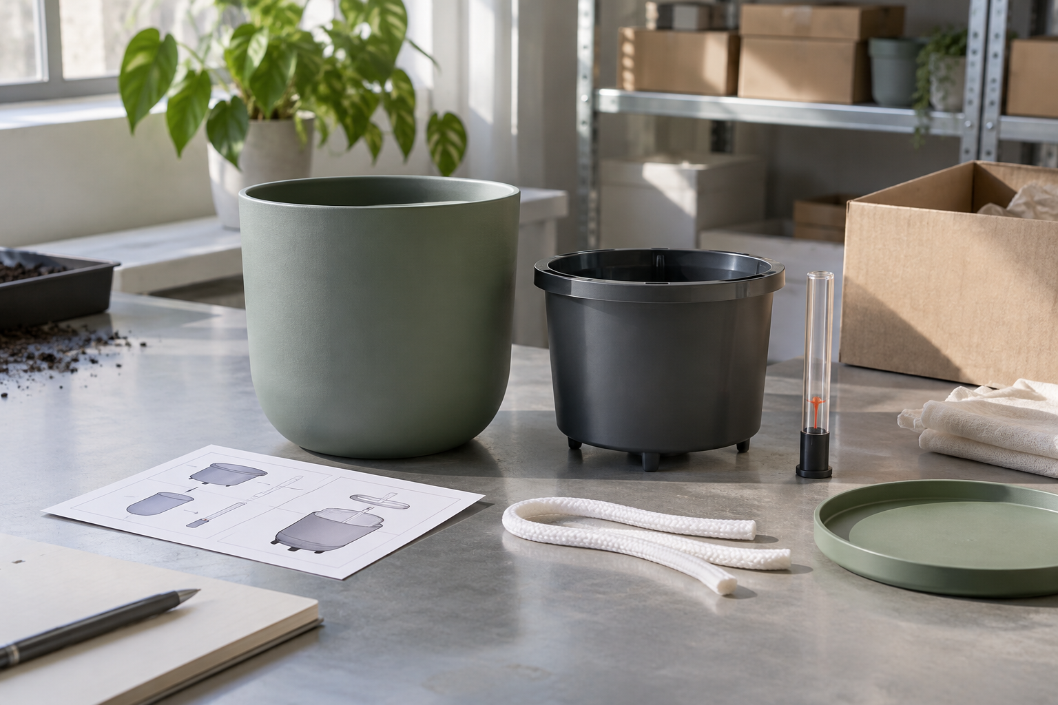 Illustrative an unbranded self-watering planter kit with reservoir base, wick insert and assembly card prepared for a B2B sample review