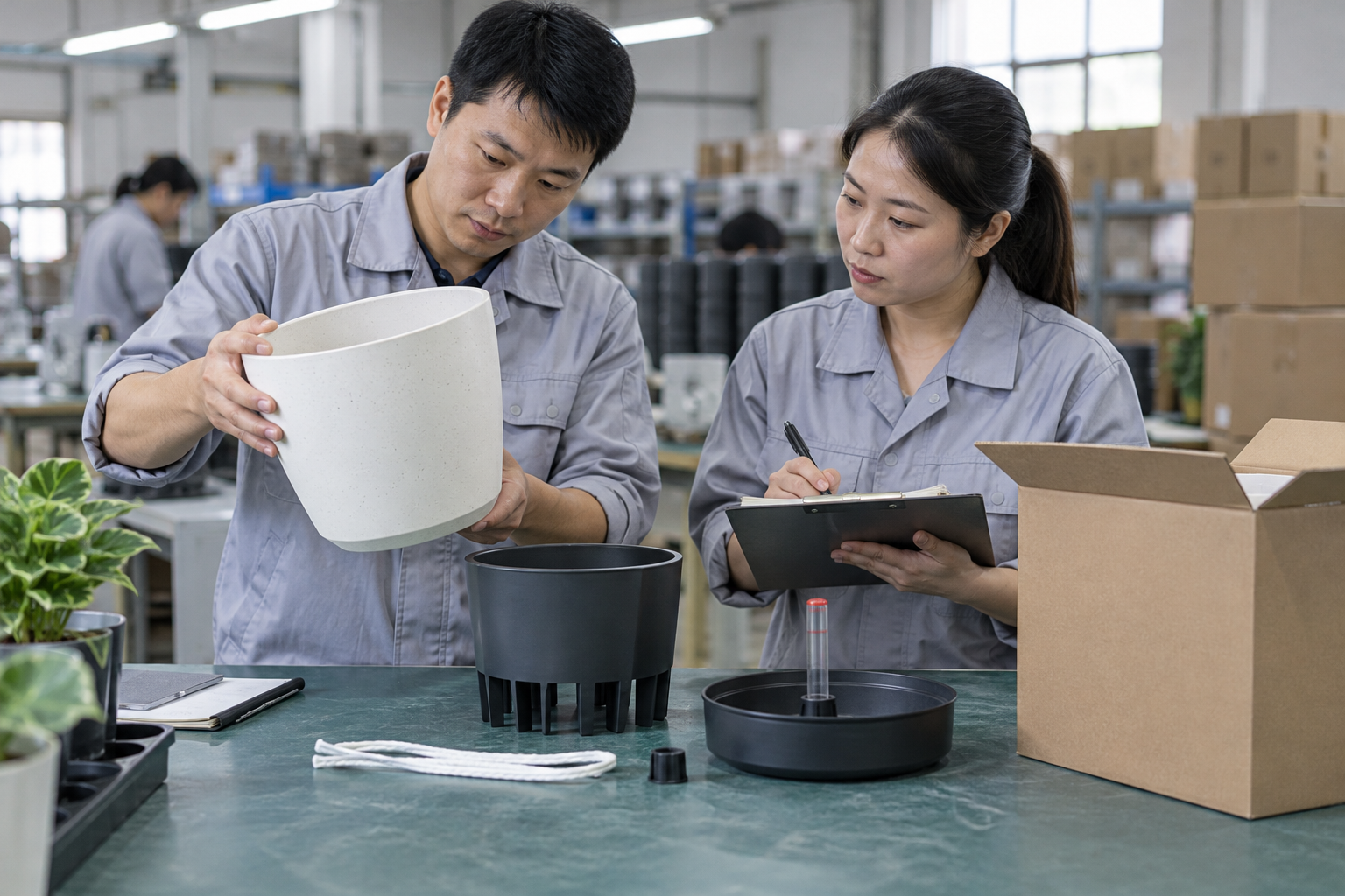 Asian quality staff reviewing an unbranded self watering planter kit sample, carton and approval checklist